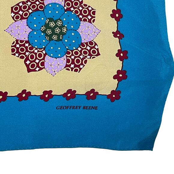 Geoffrey Beene 100% Silk Square Scarf – Floral Quilted Pattern – Teal Background - Picture 7 of 8